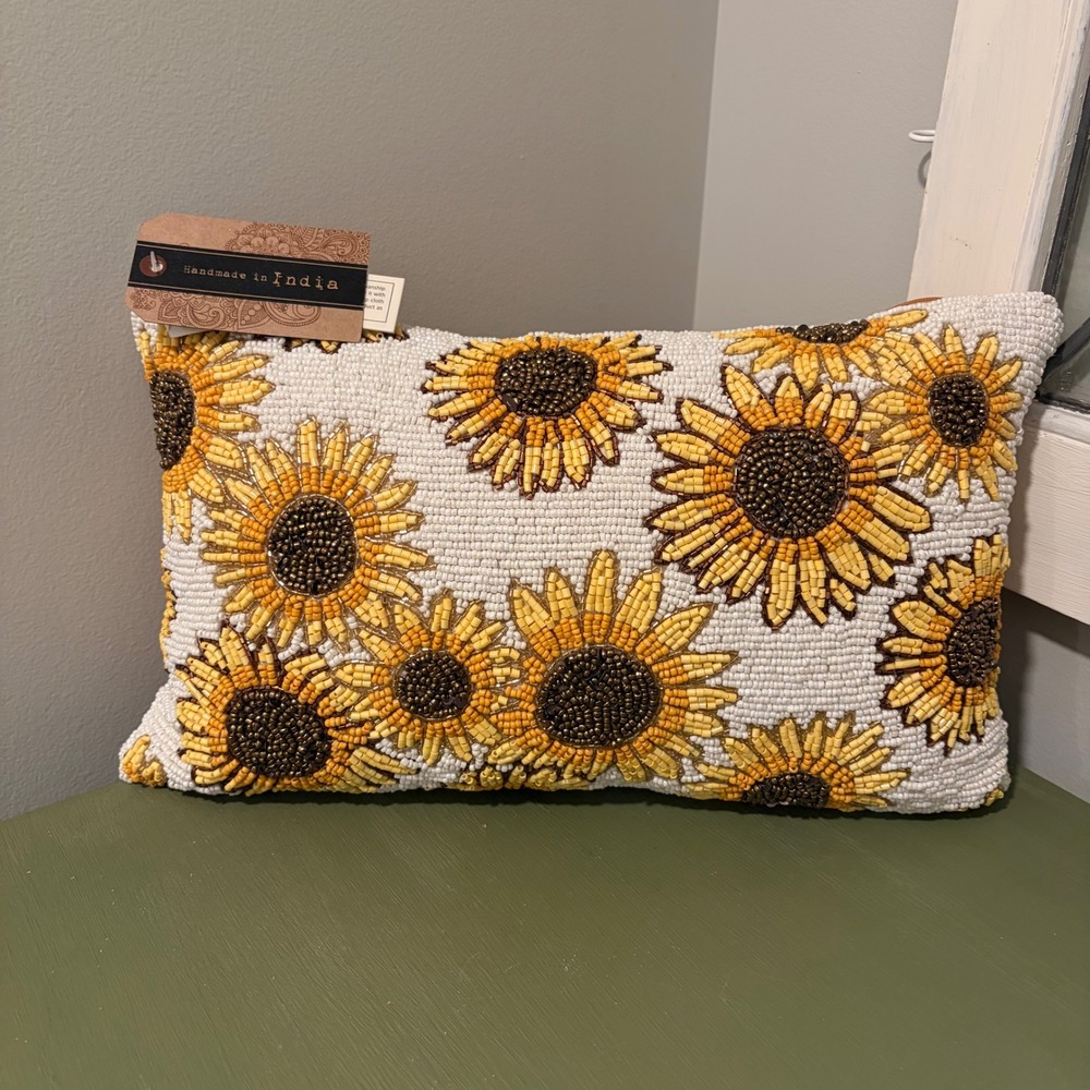 Handmade in India Sunflower Beaded Throw Pillow Yellow Floral Cottagecore NWT
